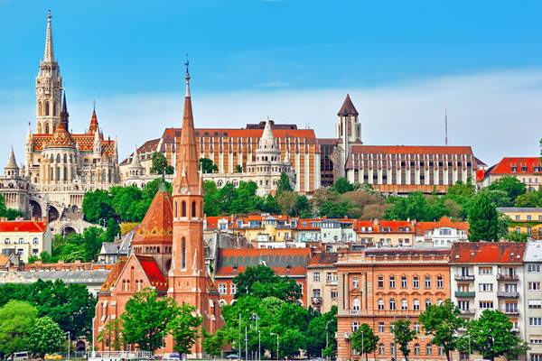 Budapest View of Szilágyi Dezső Square Reformed Church, Fisherman's Bastion and Matthias Church